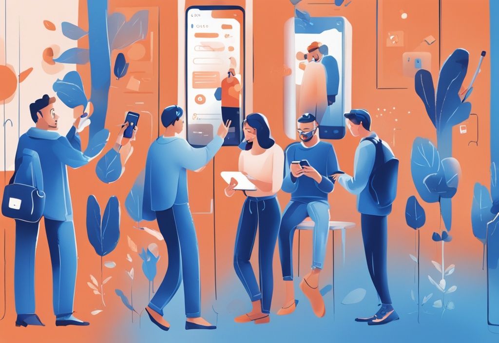 Moderne digitale Illustration in Blau, verschiedene Menschen interagieren glücklich mit der HeySafe App auf ihren Mobilgeräten, die verschiedenen Sicherheitsfunktionen und HeySafe Erfahrungen zeigend.