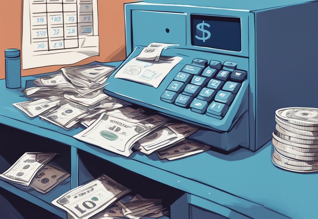 Digitale Illustration eines Kalenders mit markierten Rückerstattungsdaten und einer Sicherheitskassette mit Dollar-Scheinen, Hauptfarbe Blau