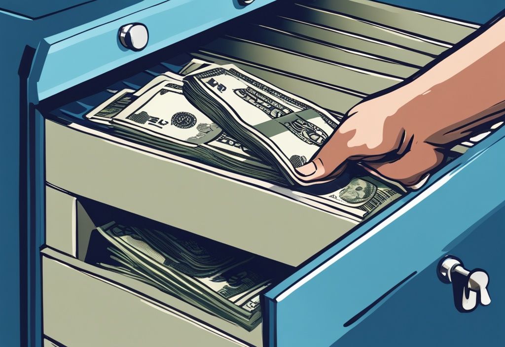 Hand legt einen Stapel Bargeld in einen Bankschließfach, moderne digitale Illustration, Hauptfarbe Blau