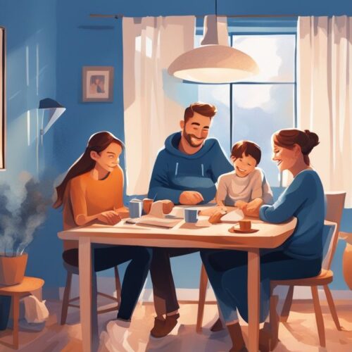 Moderne digitale Illustration einer glücklichen Familie in ihrem gemütlichen Zuhause, die auf einen Mietvertrag mit dem Begriff 'Warmmiete' zeigt, was ist Warmmiete in Deutschland darstellt.