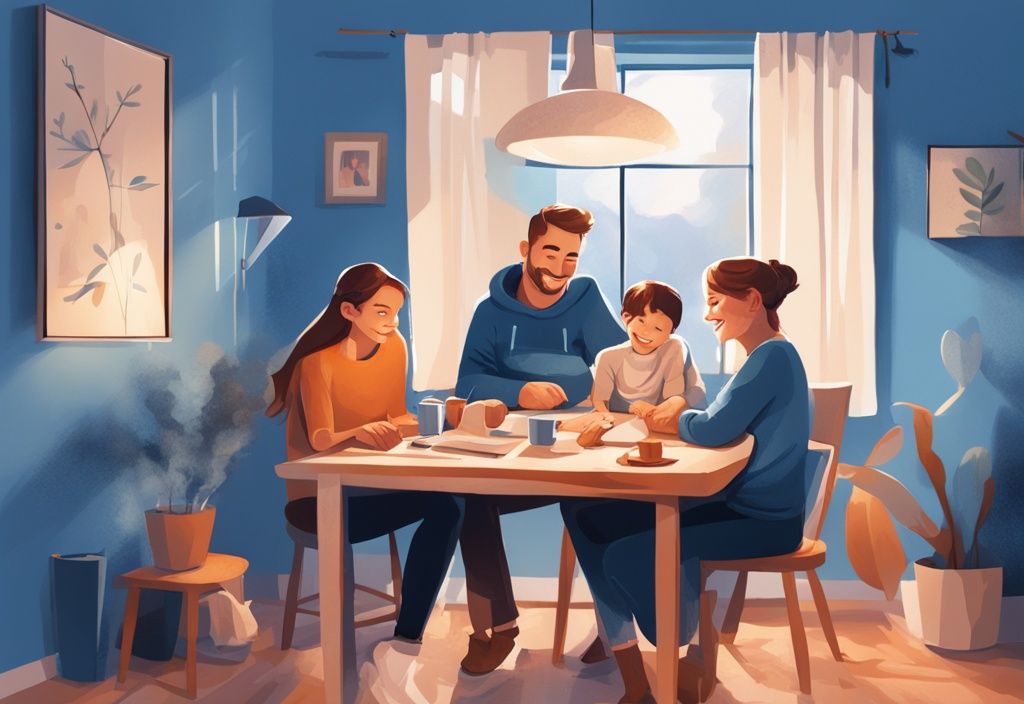 Moderne digitale Illustration einer glücklichen Familie in ihrem gemütlichen Zuhause, die auf einen Mietvertrag mit dem Begriff 'Warmmiete' zeigt, was ist Warmmiete in Deutschland darstellt.