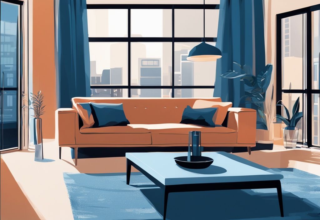 Moderne digitale Illustration eines stilvoll eingerichteten Apartments mit blauem Farbschema und sichtbarem "Zu vermieten" Schild auf dem Couchtisch.