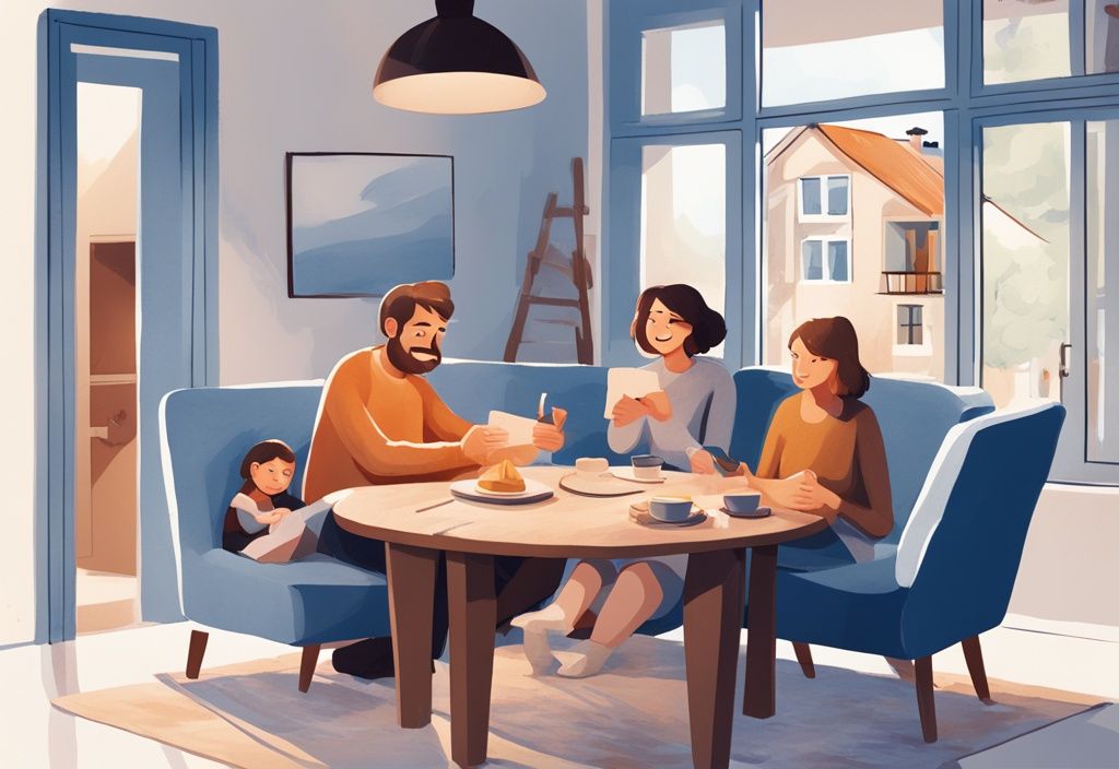 Digitale Illustration einer glücklichen Familie in ihrem gemütlichen Zuhause, die auf einen Mietvertrag mit dem Begriff 'Warmmiete' zeigt, was ist Warmmiete in Deutschland erläuternd.