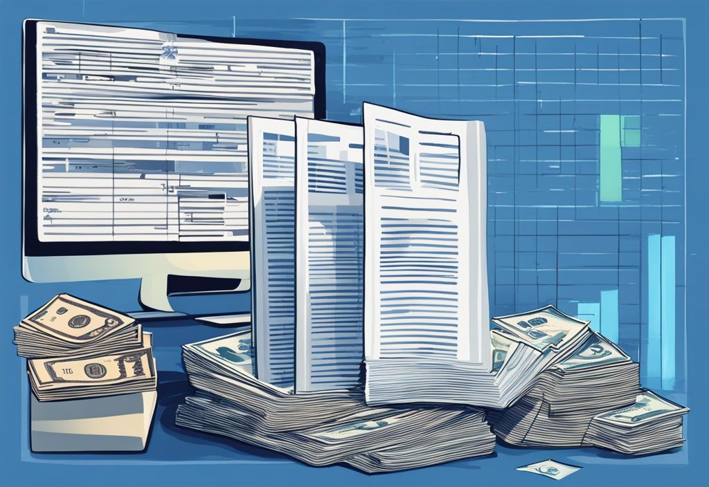 Moderne digitale Illustration in Blau mit Banknotenstapel, Mietvertrag und ETF-Chart, die den Prozess der Mietkautions-ETF symbolisiert.