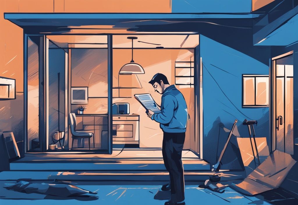 Moderner digitaler Gemälde-Illustration eines Vermieters, der Immobilieninspektionen durchführt, Mietverträge überprüft und die Wohnanlage instand hält, mit blauem Farbthema.