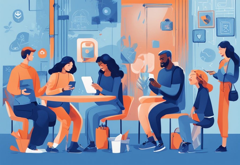 Moderne digitale Illustration in Blau, die verschiedene Menschen zeigt, die glücklich die HeySafe App auf ihren Mobilgeräten nutzen und die verschiedenen Sicherheitsfunktionen und HeySafe Erfahrungen präsentieren.