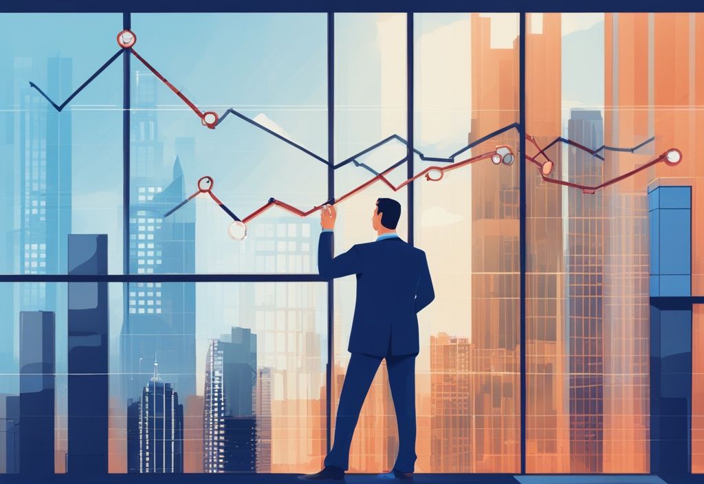 Moderne digitale Malerei mit blauem Farbschema, ein besorgter Geschäftsmann betrachtet ein Diagramm an der Wand, das einen Anstieg der Gewerbemietpreise zeigt.