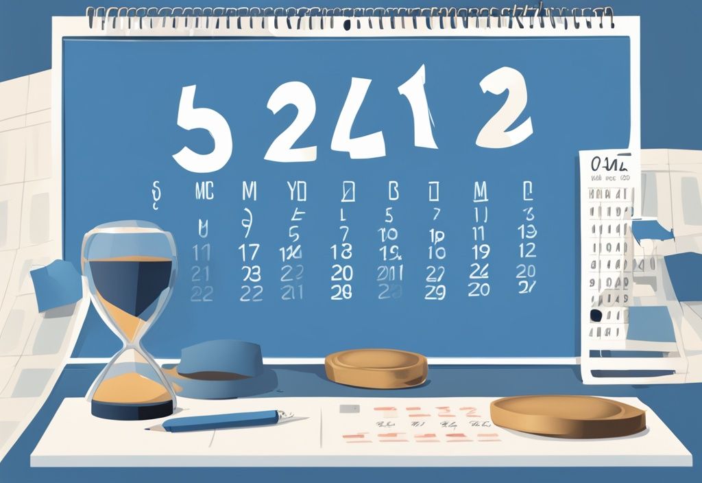 Moderne digitale Malerei mit blauem Farbschema, Kalender mit markiertem Datum, unterzeichnetem Gewerbemietvertrag und Sanduhr, die die Kündigungsfrist für einen Gewerbemietvertrag symbolisiert.