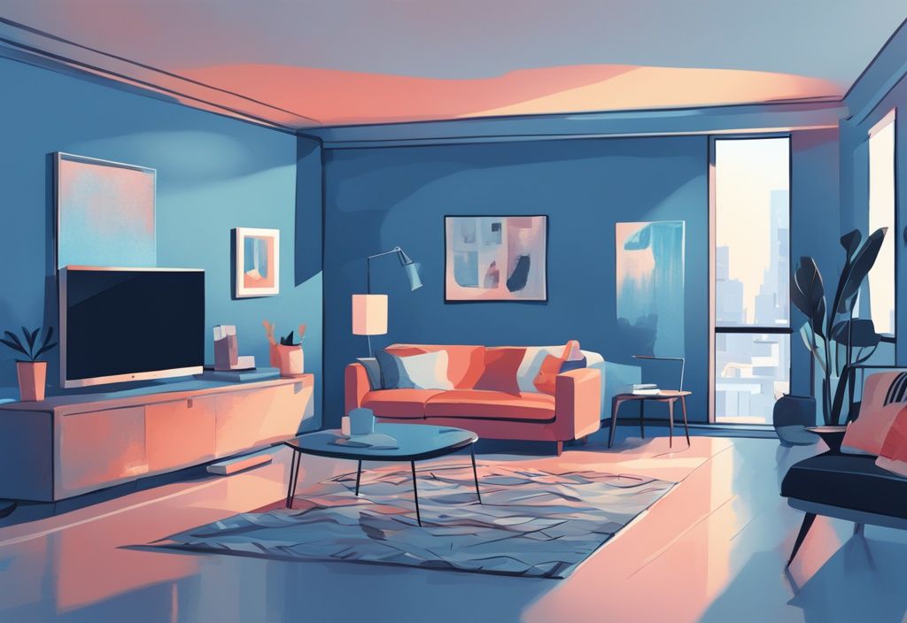 Moderne digital gemalte Illustration einer gut eingerichteten Wohnung in Blau mit einem Schild "Zu untervermieten